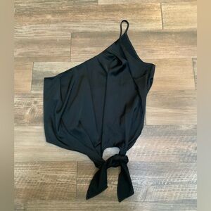 Express Women Small Black One-Shoulder Crop Top front tie satin look
